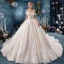 Chic / Beautiful Champagne Wedding Dresses 2019 A-Line / Princess Off-The-Shoulder Short Sleeve Backless Appliques Lace Flower Beading Pearl Cathedral Train Ruffle