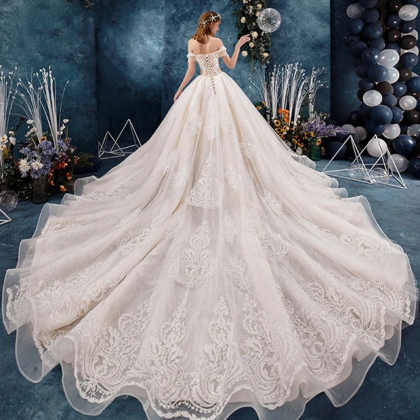 Chic / Beautiful Champagne Wedding Dresses 2019 A-Line / Princess Off-The-Shoulder Short Sleeve Backless Appliques Lace Flower Beading Pearl Cathedral Train Ruffle