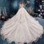Chic / Beautiful Champagne Wedding Dresses 2019 A-Line / Princess Off-The-Shoulder Short Sleeve Backless Appliques Lace Flower Beading Pearl Cathedral Train Ruffle
