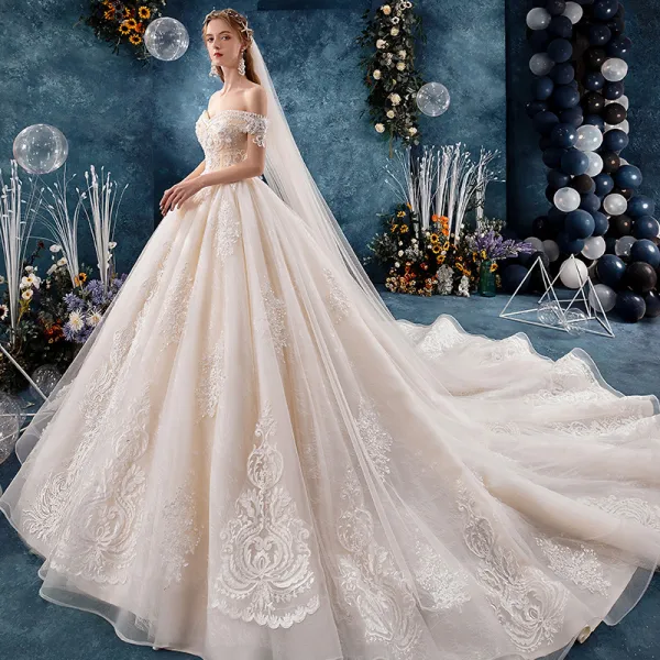 Chic / Beautiful Champagne Wedding Dresses 2019 A-Line / Princess Off-The-Shoulder Short Sleeve Backless Appliques Lace Flower Beading Pearl Cathedral Train Ruffle