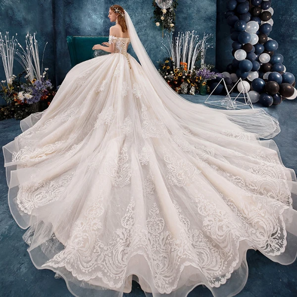 Chic / Beautiful Champagne Wedding Dresses 2019 A-Line / Princess Off-The-Shoulder Short Sleeve Backless Appliques Lace Flower Beading Pearl Cathedral Train Ruffle