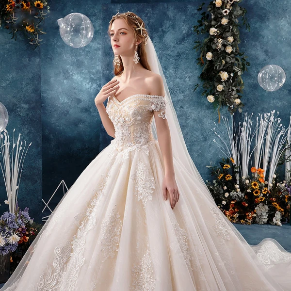 Chic / Beautiful Champagne Wedding Dresses 2019 A-Line / Princess Off-The-Shoulder Short Sleeve Backless Appliques Lace Flower Beading Pearl Cathedral Train Ruffle