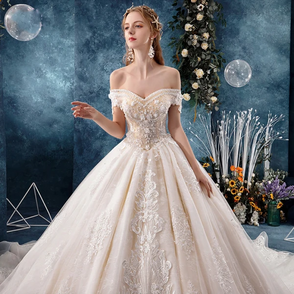 Chic / Beautiful Champagne Wedding Dresses 2019 A-Line / Princess Off-The-Shoulder Short Sleeve Backless Appliques Lace Flower Beading Pearl Cathedral Train Ruffle