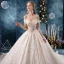 Chic / Beautiful Champagne Wedding Dresses 2019 A-Line / Princess Off-The-Shoulder Short Sleeve Backless Appliques Lace Flower Beading Pearl Cathedral Train Ruffle