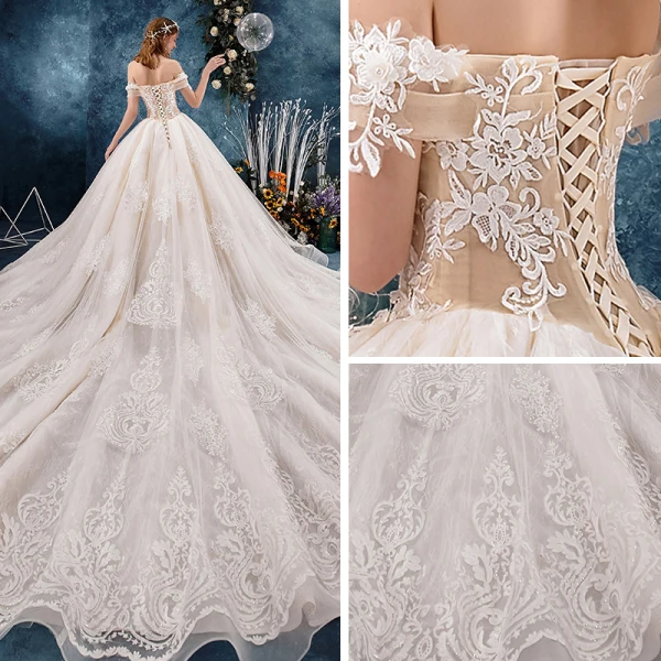 Chic / Beautiful Champagne Wedding Dresses 2019 A-Line / Princess Off-The-Shoulder Short Sleeve Backless Appliques Lace Flower Beading Pearl Cathedral Train Ruffle