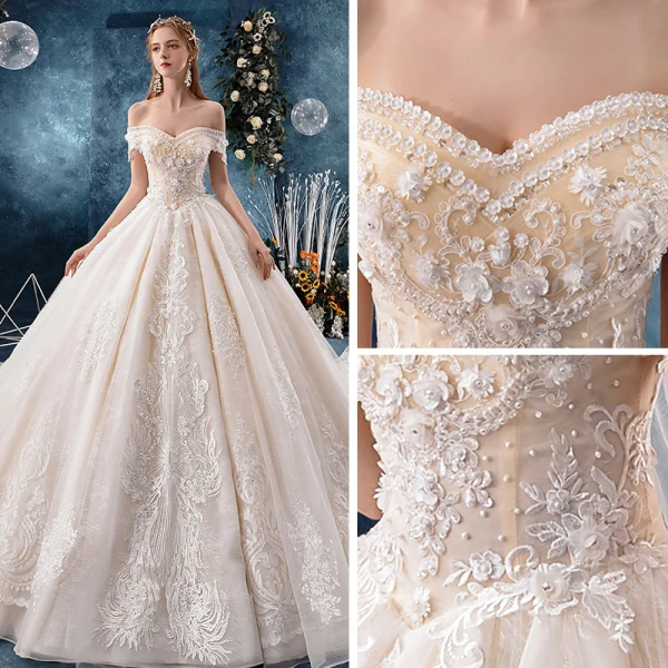 Chic / Beautiful Champagne Wedding Dresses 2019 A-Line / Princess Off-The-Shoulder Short Sleeve Backless Appliques Lace Flower Beading Pearl Cathedral Train Ruffle
