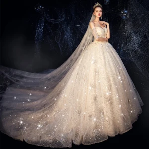 Bling Bling Champagne Wedding Dresses 2019 Ball Gown Off The Shoulder Short Sleeve Backless Glitter Sequins Cathedral Train Ruffle