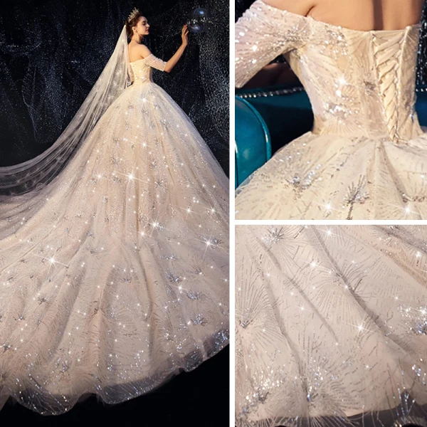 Bling Bling Champagne Robe De Mariée 2019 Robe Boule De l'épaule Manches Courtes Dos Nu Glitter Paillettes Cathedral Train Volants
