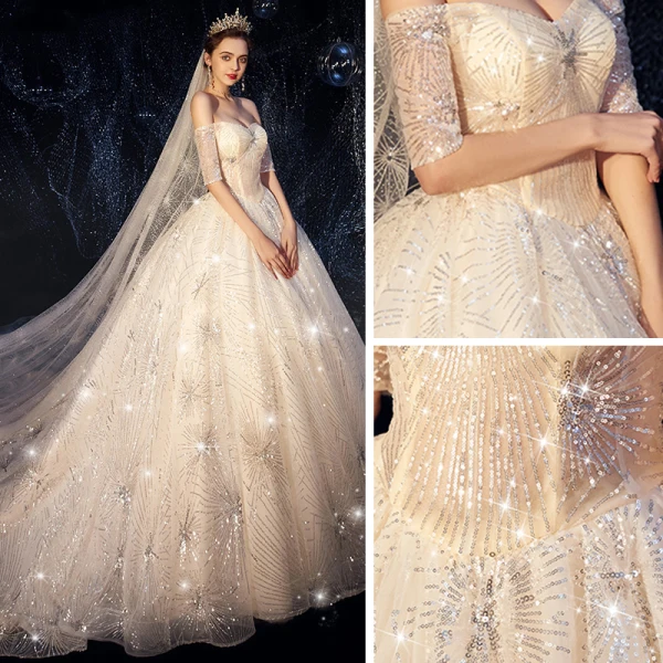 Bling Bling Champagne Robe De Mariée 2019 Robe Boule De l'épaule Manches Courtes Dos Nu Glitter Paillettes Cathedral Train Volants