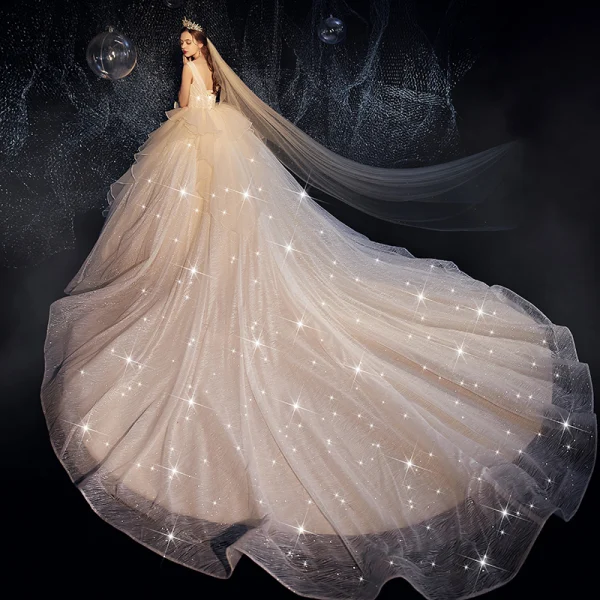 Bling Bling Champagne Wedding Dresses 2019 Ball Gown Deep V-Neck Sleeveless Backless Glitter Tulle Ruffle Cathedral Train