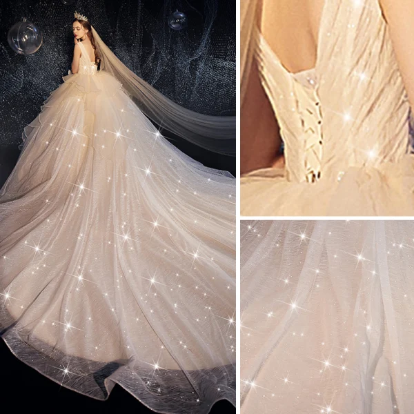 Bling Bling Champagne Wedding Dresses 2019 Ball Gown Deep V-Neck Sleeveless Backless Glitter Tulle Ruffle Cathedral Train
