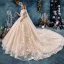 Vintage / Originale Champagne Transparentes Robe De Mariée 2019 Robe Boule Col Haut Sans Manches Dos Nu Forme de coeur Appliques En Dentelle Fait main Perlage Royal Train Volants