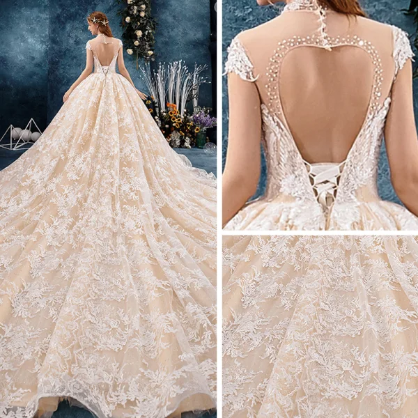 Vintage / Originale Champagne Transparentes Robe De Mariée 2019 Robe Boule Col Haut Sans Manches Dos Nu Forme de coeur Appliques En Dentelle Fait main Perlage Royal Train Volants