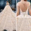Vintage / Originale Champagne Transparentes Robe De Mariée 2019 Robe Boule Col Haut Sans Manches Dos Nu Forme de coeur Appliques En Dentelle Fait main Perlage Royal Train Volants
