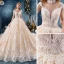 Vintage / Originale Champagne Transparentes Robe De Mariée 2019 Robe Boule Col Haut Sans Manches Dos Nu Forme de coeur Appliques En Dentelle Fait main Perlage Royal Train Volants