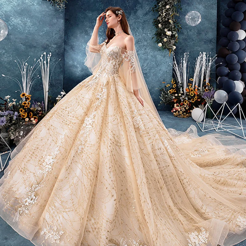 sachin and babi light blue dress Luxury Gorgeous Champagne Wedding Dresses 2019 Ball Gown Off The Shoulder  Bell Sleeves Backless Appliques Lace Beading Rhinestone Glitter Tulle  Cathedral Train Ruffle