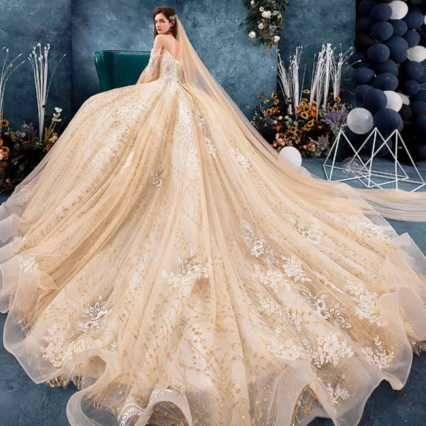 Luxury / Gorgeous Champagne Wedding Dresses 2019 Ball Gown Off-The-Shoulder Bell sleeves Backless Appliques Lace Beading Rhinestone Glitter Tulle Cathedral Train Ruffle