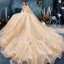 Luxury / Gorgeous Champagne Wedding Dresses 2019 Ball Gown Off-The-Shoulder Bell sleeves Backless Appliques Lace Beading Rhinestone Glitter Tulle Cathedral Train Ruffle