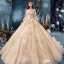Luxury / Gorgeous Champagne Wedding Dresses 2019 Ball Gown Off-The-Shoulder Bell sleeves Backless Appliques Lace Beading Rhinestone Glitter Tulle Cathedral Train Ruffle