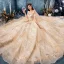 Luxury / Gorgeous Champagne Wedding Dresses 2019 Ball Gown Off-The-Shoulder Bell sleeves Backless Appliques Lace Beading Rhinestone Glitter Tulle Cathedral Train Ruffle