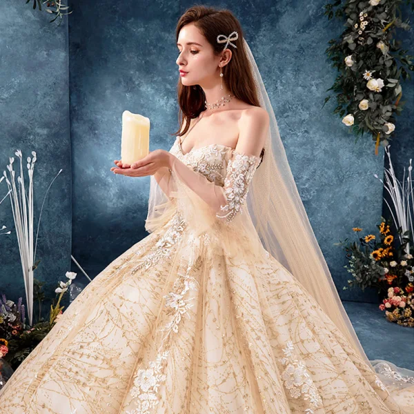 Luxury / Gorgeous Champagne Wedding Dresses 2019 Ball Gown Off-The-Shoulder Bell sleeves Backless Appliques Lace Beading Rhinestone Glitter Tulle Cathedral Train Ruffle
