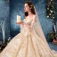 Luxury / Gorgeous Champagne Wedding Dresses 2019 Ball Gown Off-The-Shoulder Bell sleeves Backless Appliques Lace Beading Rhinestone Glitter Tulle Cathedral Train Ruffle