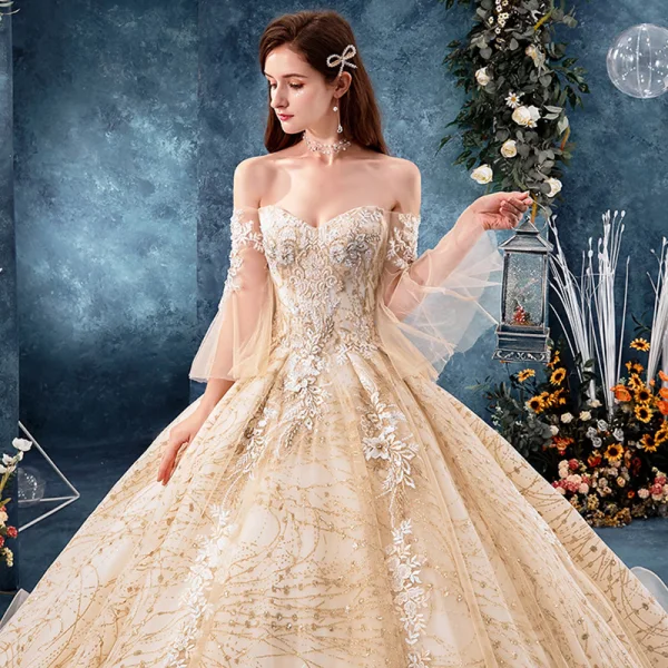 Luxury / Gorgeous Champagne Wedding Dresses 2019 Ball Gown Off-The-Shoulder Bell sleeves Backless Appliques Lace Beading Rhinestone Glitter Tulle Cathedral Train Ruffle