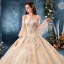 Luxury / Gorgeous Champagne Wedding Dresses 2019 Ball Gown Off-The-Shoulder Bell sleeves Backless Appliques Lace Beading Rhinestone Glitter Tulle Cathedral Train Ruffle