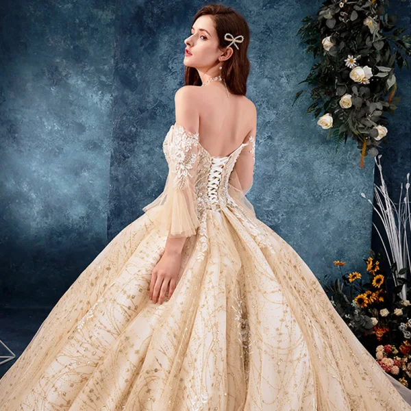 Luxury / Gorgeous Champagne Wedding Dresses 2019 Ball Gown Off-The-Shoulder Bell sleeves Backless Appliques Lace Beading Rhinestone Glitter Tulle Cathedral Train Ruffle