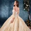 Luxury / Gorgeous Champagne Wedding Dresses 2019 Ball Gown Off-The-Shoulder Bell sleeves Backless Appliques Lace Beading Rhinestone Glitter Tulle Cathedral Train Ruffle