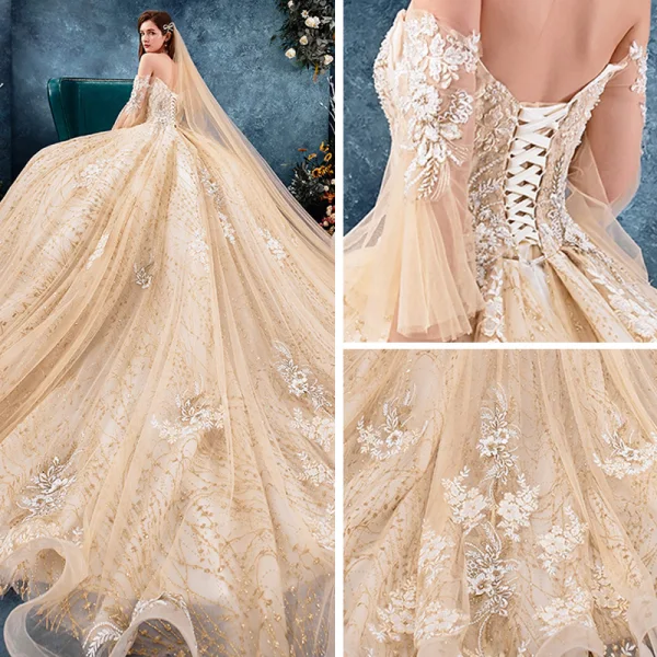 Luxury / Gorgeous Champagne Wedding Dresses 2019 Ball Gown Off-The-Shoulder Bell sleeves Backless Appliques Lace Beading Rhinestone Glitter Tulle Cathedral Train Ruffle