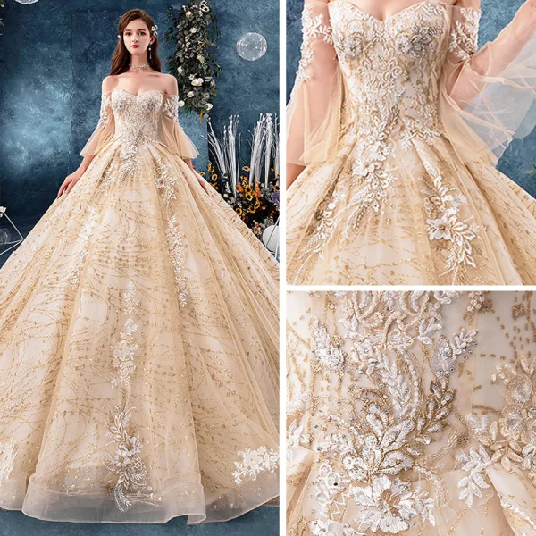 Luxury / Gorgeous Champagne Wedding Dresses 2019 Ball Gown Off-The-Shoulder Bell sleeves Backless Appliques Lace Beading Rhinestone Glitter Tulle Cathedral Train Ruffle