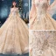 Luxury / Gorgeous Champagne Wedding Dresses 2019 Ball Gown Off-The-Shoulder Bell sleeves Backless Appliques Lace Beading Rhinestone Glitter Tulle Cathedral Train Ruffle