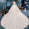 Bling Bling Champagne Wedding Dresses 2019 Ball Gown Amazing / Unique Sweetheart Sleeveless Backless Glitter Sequins Royal Train Ruffle