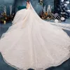 Bling Bling Champagne Wedding Dresses 2019 Ball Gown Amazing / Unique Sweetheart Sleeveless Backless Glitter Sequins Royal Train Ruffle