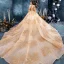 Best Champagne Lace Wedding Dresses 2019 Ball Gown Off-The-Shoulder Puffy 3/4 Sleeve Backless Beading Rhinestone Cathedral Train Ruffle
