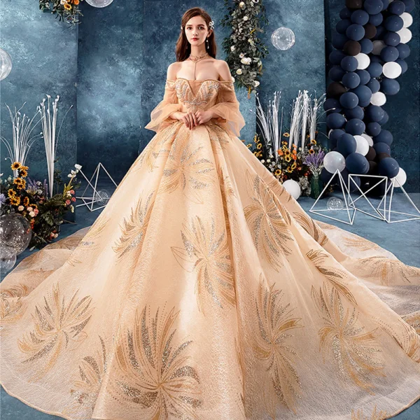 Best Champagne Lace Wedding Dresses 2019 Ball Gown Off-The-Shoulder Puffy 3/4 Sleeve Backless Beading Rhinestone Cathedral Train Ruffle