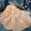 Best Champagne Lace Wedding Dresses 2019 Ball Gown Off-The-Shoulder Puffy 3/4 Sleeve Backless Beading Rhinestone Cathedral Train Ruffle
