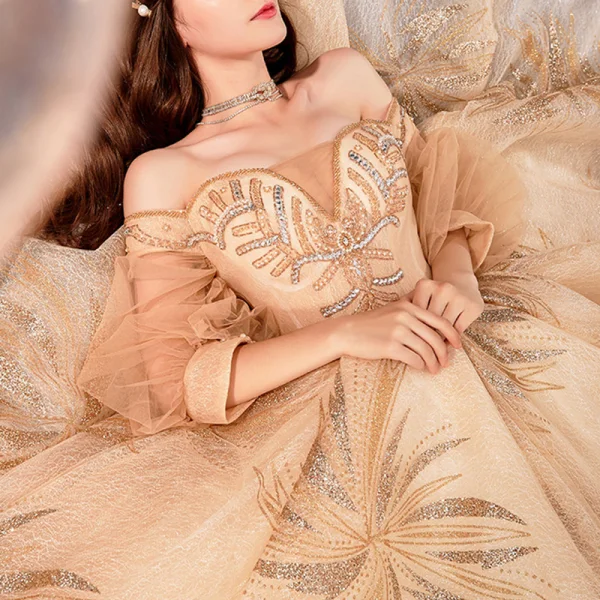 Best Champagne Lace Wedding Dresses 2019 Ball Gown Off-The-Shoulder Puffy 3/4 Sleeve Backless Beading Rhinestone Cathedral Train Ruffle