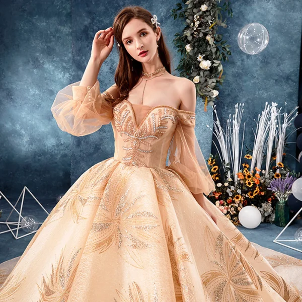 Best Champagne Lace Wedding Dresses 2019 Ball Gown Off-The-Shoulder Puffy 3/4 Sleeve Backless Beading Rhinestone Cathedral Train Ruffle