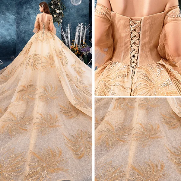 Best Champagne Lace Wedding Dresses 2019 Ball Gown Off-The-Shoulder Puffy 3/4 Sleeve Backless Beading Rhinestone Cathedral Train Ruffle