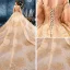 Best Champagne Lace Wedding Dresses 2019 Ball Gown Off-The-Shoulder Puffy 3/4 Sleeve Backless Beading Rhinestone Cathedral Train Ruffle