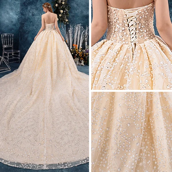 Fine Champagne Brudekjoler 2019 Prinsesse Fantastiske / Unike Kjæreste Uten Ermer Ryggløse Glitter Paljetter Tyll Cathedral Train Buste