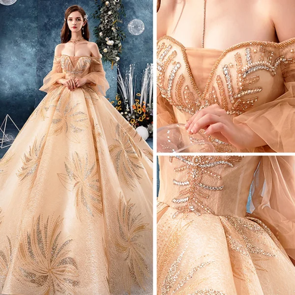 Best Champagne Lace Wedding Dresses 2019 Ball Gown Off-The-Shoulder Puffy 3/4 Sleeve Backless Beading Rhinestone Cathedral Train Ruffle