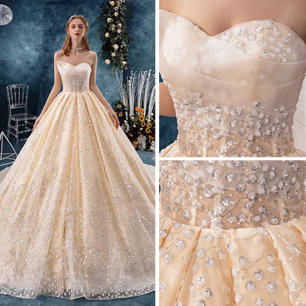 Fine Champagne Brudekjoler 2019 Prinsesse Fantastiske / Unike Kjæreste Uten Ermer Ryggløse Glitter Paljetter Tyll Cathedral Train Buste