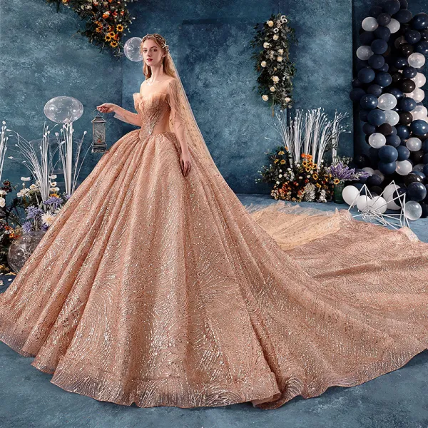Amazing / Unique Gold See-through Wedding Dresses 2019 Ball Gown Scoop Neck Long Sleeve Backless Heart-shaped Beading Glitter Sequins Cathedral Train Ruffle