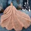 Unique Gold Durchsichtige Brautkleider / Hochzeitskleider 2019 Ballkleid Rundhalsausschnitt Lange Ärmel Rückenfreies Herzförmig Perlenstickerei Glanz Pailletten Kathedrale Schleppe Rüschen