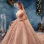 Unique Gold Durchsichtige Brautkleider / Hochzeitskleider 2019 Ballkleid Rundhalsausschnitt Lange Ärmel Rückenfreies Herzförmig Perlenstickerei Glanz Pailletten Kathedrale Schleppe Rüschen