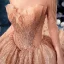 Unique Gold Durchsichtige Brautkleider / Hochzeitskleider 2019 Ballkleid Rundhalsausschnitt Lange Ärmel Rückenfreies Herzförmig Perlenstickerei Glanz Pailletten Kathedrale Schleppe Rüschen