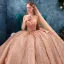 Unique Gold Durchsichtige Brautkleider / Hochzeitskleider 2019 Ballkleid Rundhalsausschnitt Lange Ärmel Rückenfreies Herzförmig Perlenstickerei Glanz Pailletten Kathedrale Schleppe Rüschen